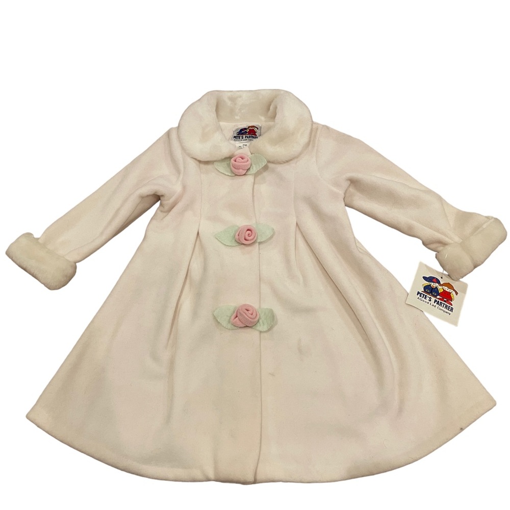 Pete’s Partner Good Lad Ivory-Colored Fleece Girl’s Coat with Pink Roses, Size 3